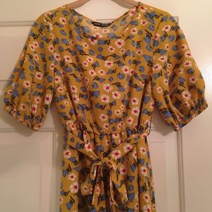 Mustard Yellow Floral Self Tie Midi Dress, Blue Flower Pattern Dress